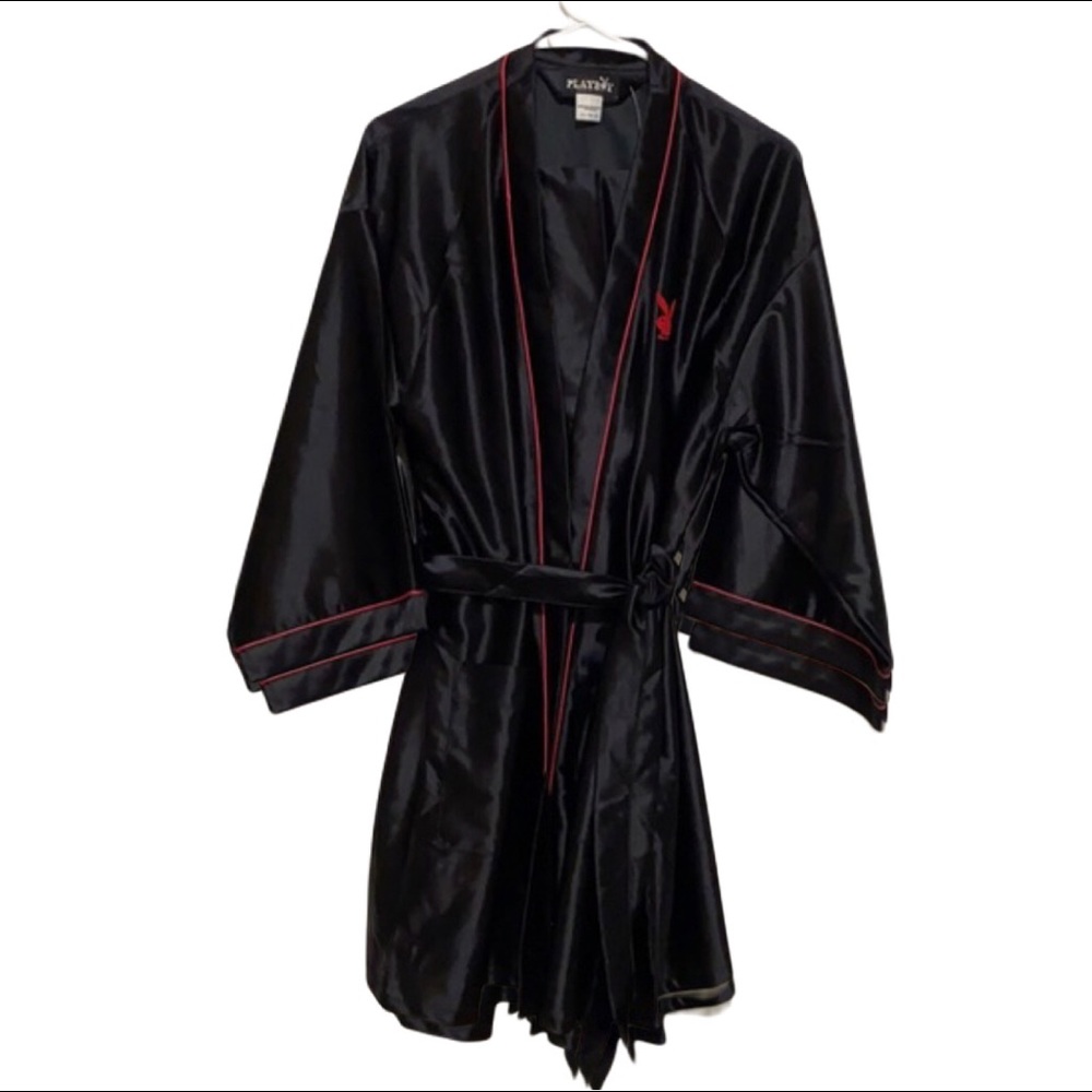 Vintage Black Silky Playboy Robe & Pants Lounge Set M